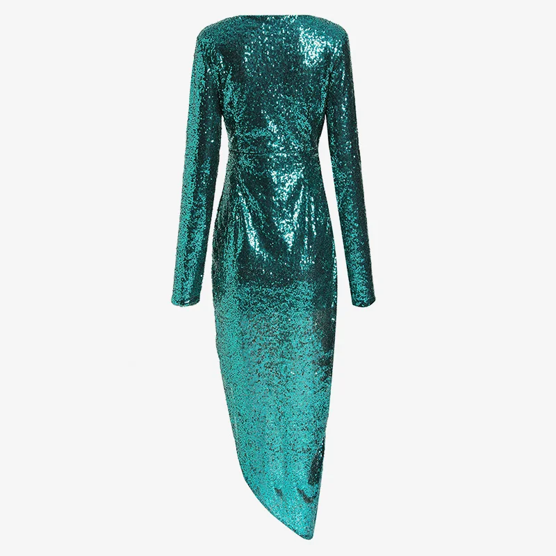 Sequin Sexy Глубокий V образным вырезом для женщин миди платья для разделение с длинным рукавом повседневное тонкий необычное платье для вечеринки для женщин весн