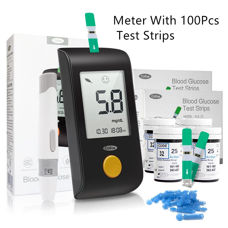 Meter With 100 Strip Cofoe Yiling мг/дл, глюкометр для измерения уровня сахара в диабета прибор для обнаружения и 50/100 шт Тесты полоски и Ланцеты блок сертифицированый ИСО ЕС - Цвет: Meter With 100 Strip