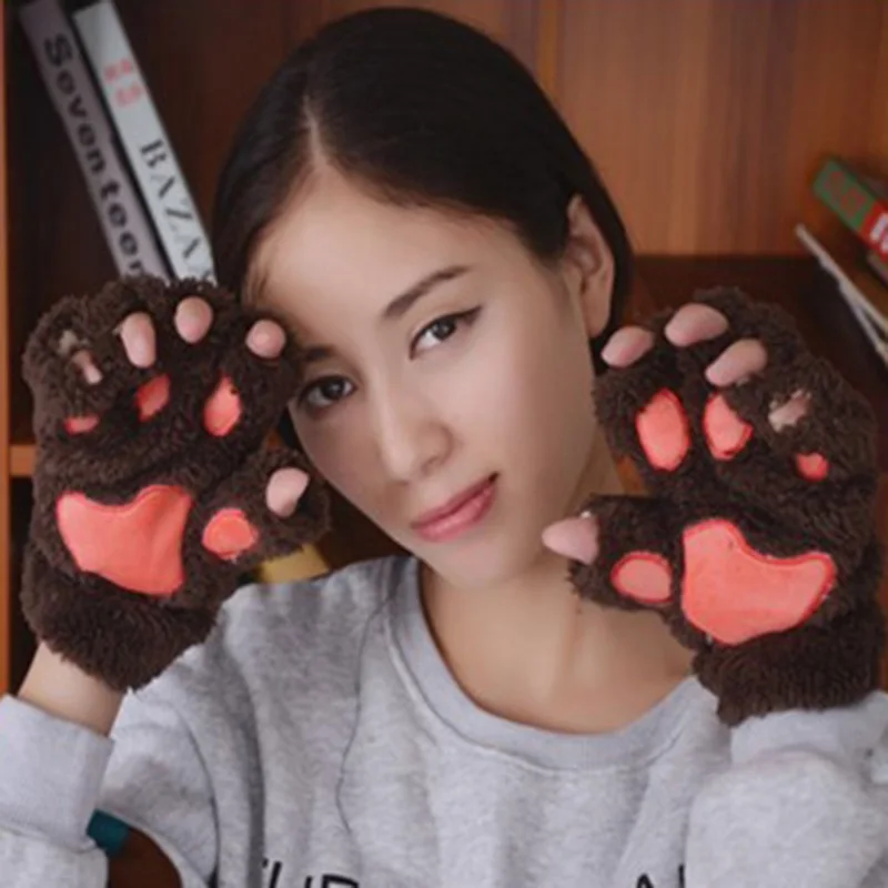 Kawaii зимние теплые ворсинки женские милые плюшевые варежки с котом и лапой