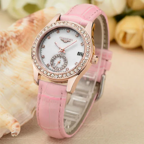 pink B GUANQIN роскошный бренд relogio feminino кварцевые часы женские светящиеся водонепроницаемые Модные ультратонкие кожаные женские часы с ремешком - Цвет: pink B