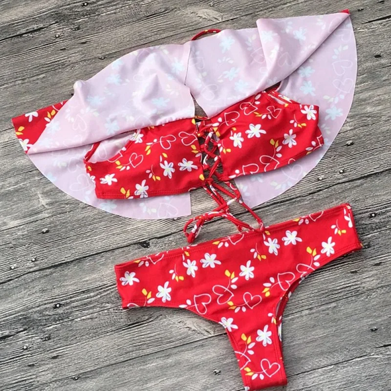 Женский купальник бикини 2020 с завязками на талии и бантиком спереди оборками