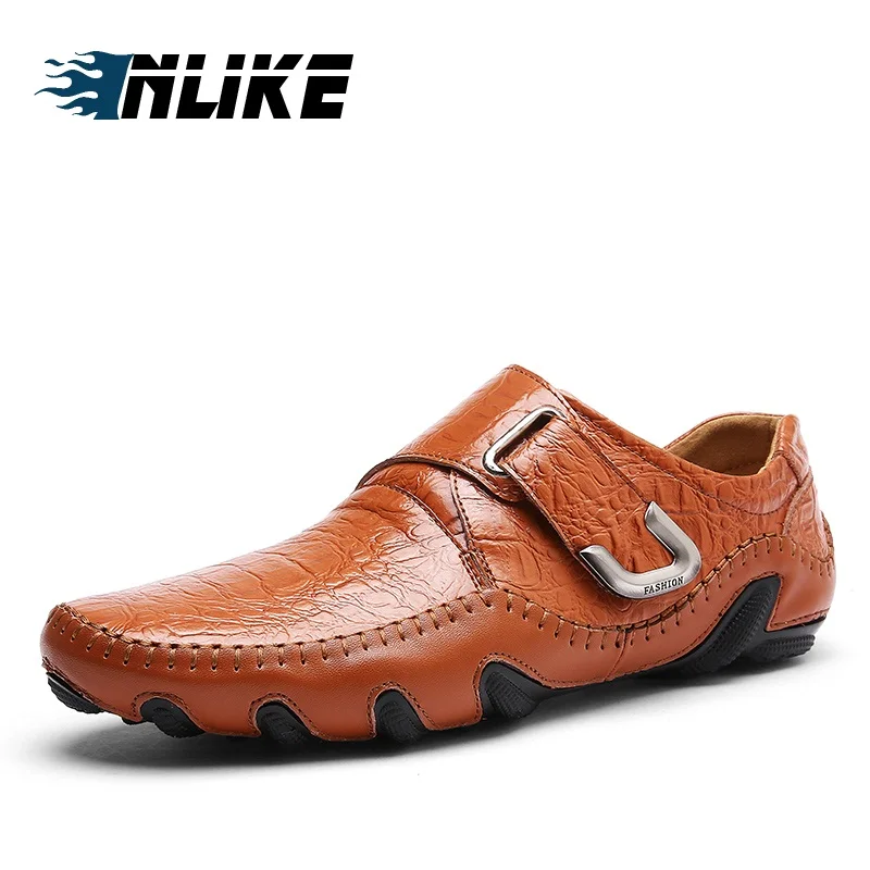 

Men Loafers High Quality Genuine Leather Shoes Men Flats Hook&Look Driving Shoes