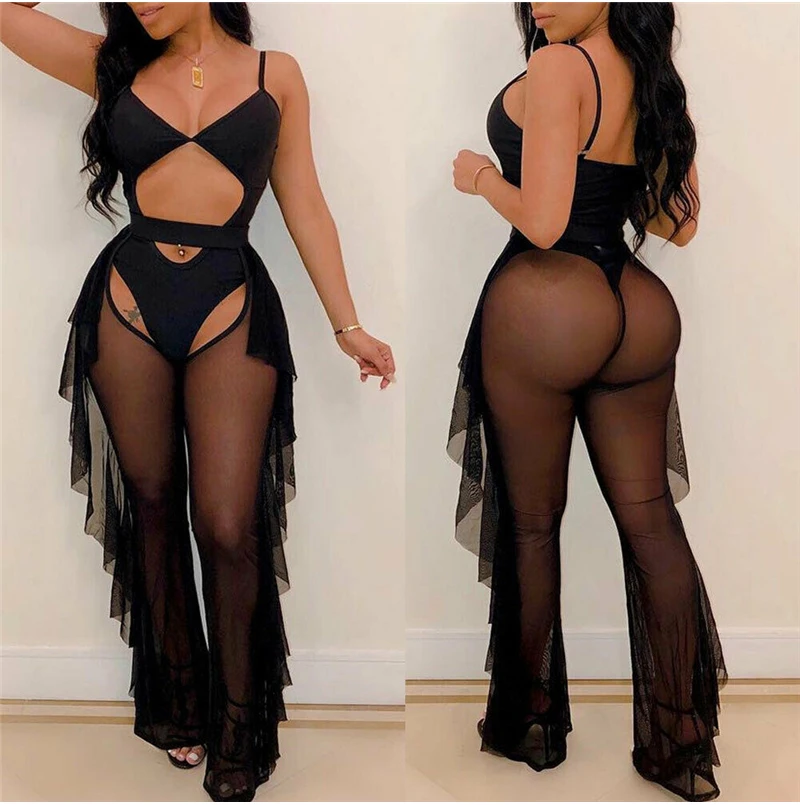 Women Sexy Mesh Bikini Cover up Sheer Bandage Cover Up hollow out Beach Pants See through Ruffles Ladies High waist Beachwear