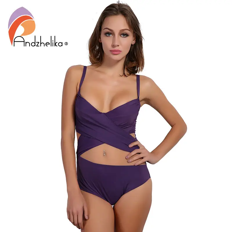 Andzhelika 2021 Sexy Beach Цельный Купальник Твердые Лоскутная Мягкая чашка Сетки Спинки