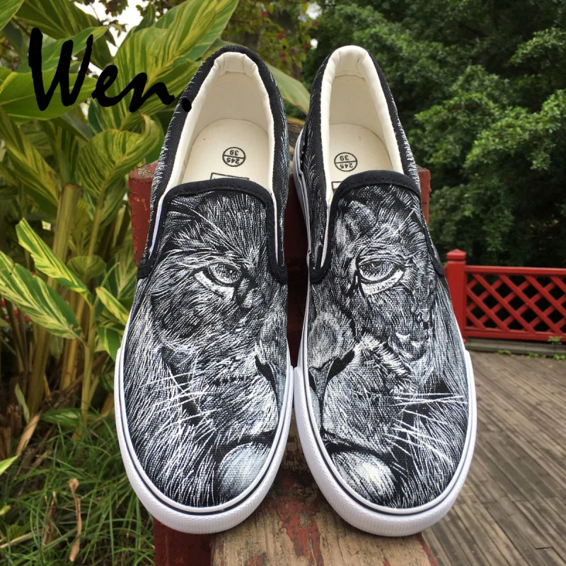 Холщовые кроссовки ручной росписи Wen с изображением головы льва|slip on|slip on blackslip