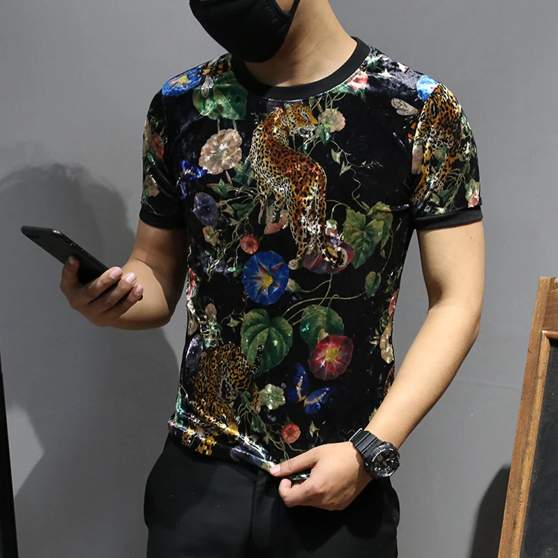 Бархатные футболки мужские с принтом животных черные Клубные Chemise Tiger новые