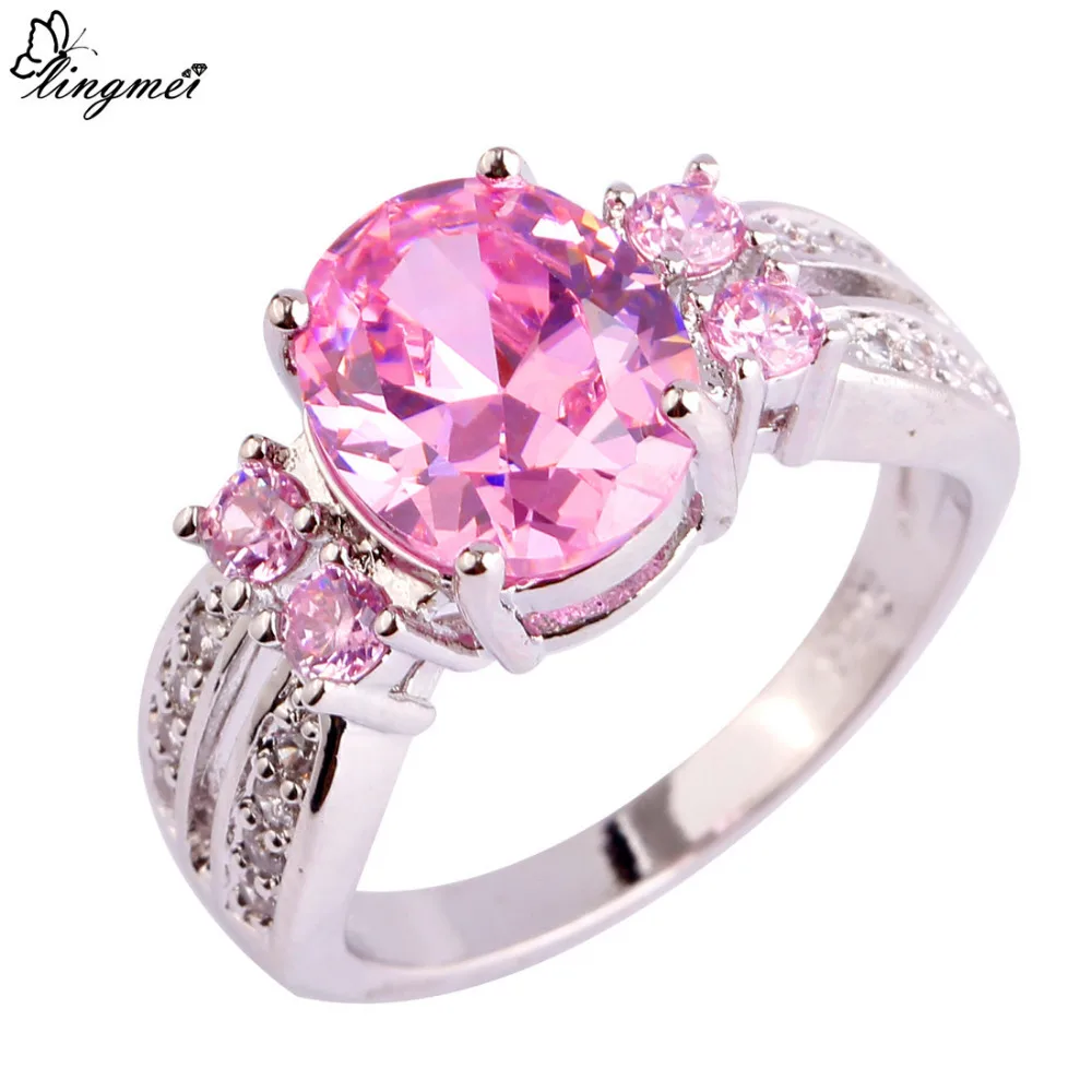 

lingmei Nice Fashion Jewelry Pink & White Cubic Zirconia Silver Color Ring Sweet Women Engagement Size 6-9 10 11Wholesale
