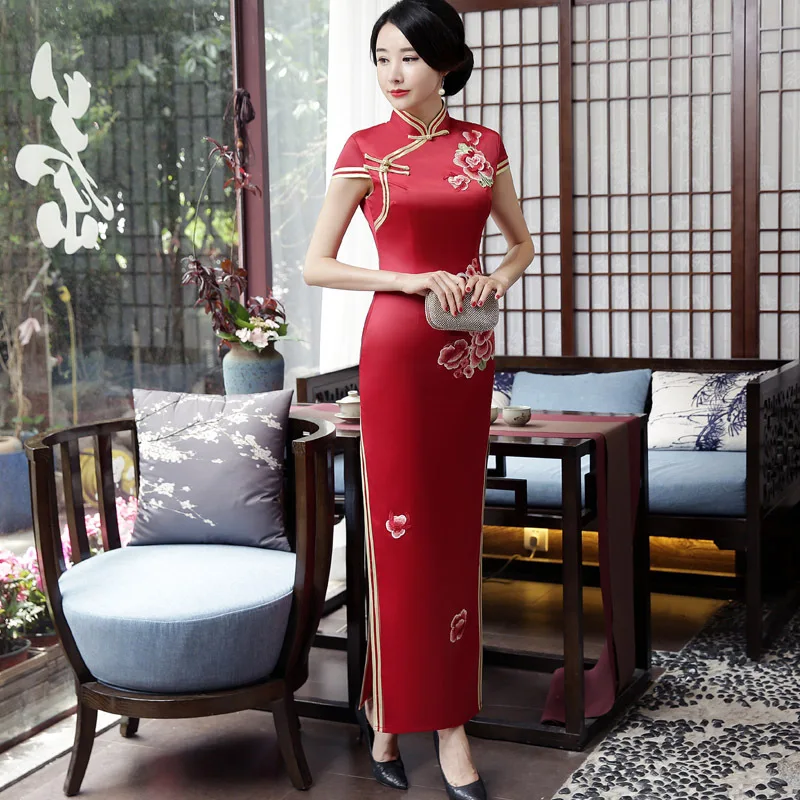 Темно красный новый Mxai Cheongsam винтажный китайский стиль длинное вечернее платье