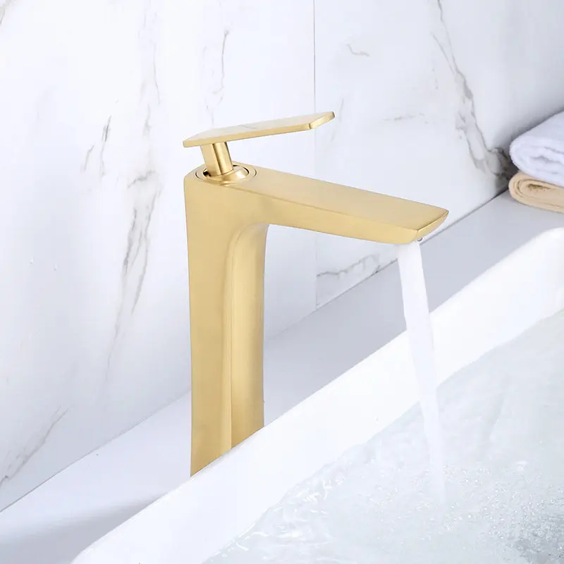 

Bathroom Basin Faucets Solid Brass Sink Mixer Tap Hot & Cold Brushed Gold Single Handle Deck Mounte Lavatory Crane Mixer Tap