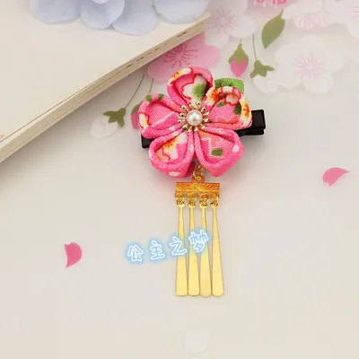 Лаконичный японский стиль Kanzashi цветок сакуры медные кисточкой красный розовый кимоно юката аксессуар ручной работы заколка для волос HW008-M