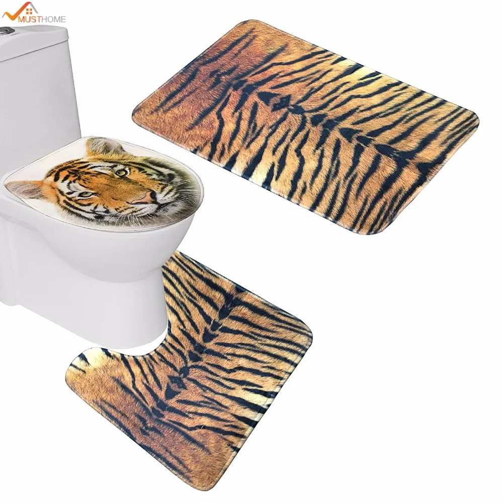 3 шт./компл. нескользящий коврик для ванной комнаты в стиле тигра + крышка унитаза