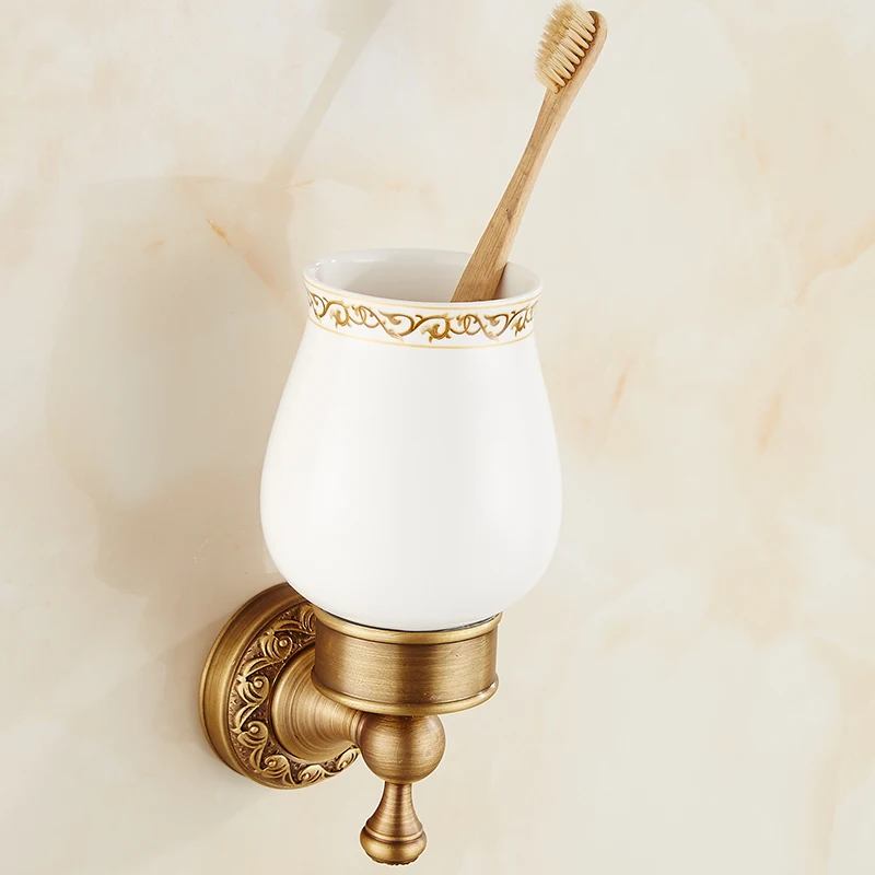 

Antique Brass Toothbrush Holder Tumbler Holder Toothbrush Holder With Single Ceramics Cup Bathroom Accessories ZD934