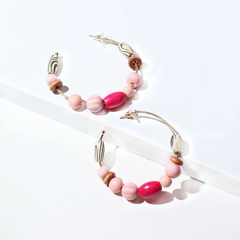Pink Кольцо из сплава деревянные бусины Висячие, в стиле бохо Капли серьги Винтаж в этническом стиле Натуральный камень Длинные висячие серьги Для женщин ювелирные изделия серьги - Окраска металла: Pink