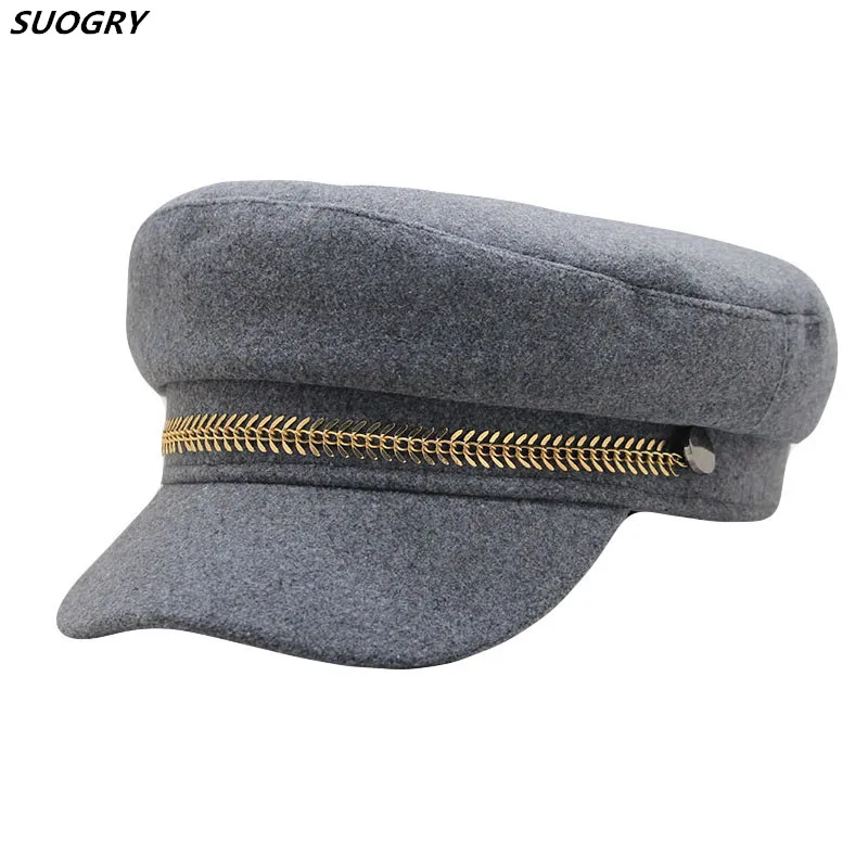 

wool omen Metal Chain Military Beret Hats Sailor Caps Flat Casquette Militaire Stylish Decoration Captain Cotton Naval Cap