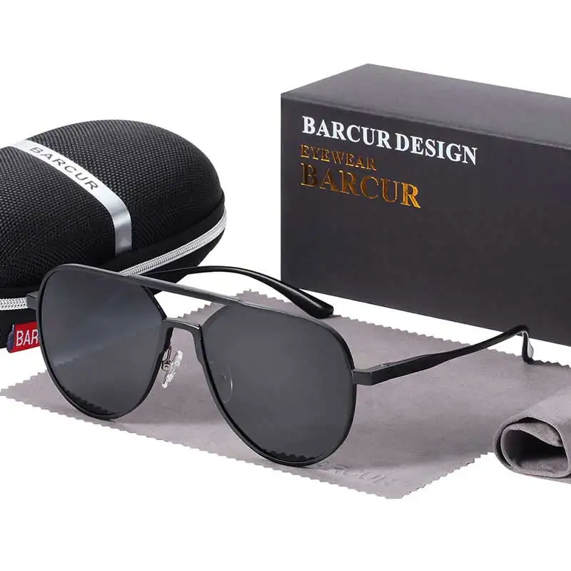 Black Gray BARCUR, большие размеры, алюминиевые солнцезащитные очки, мужские, поляризационные, трендовые стили, солнцезащитные очки, мужские, антибликовые очки с коробкой, подарок - Цвет линз: Black Gray