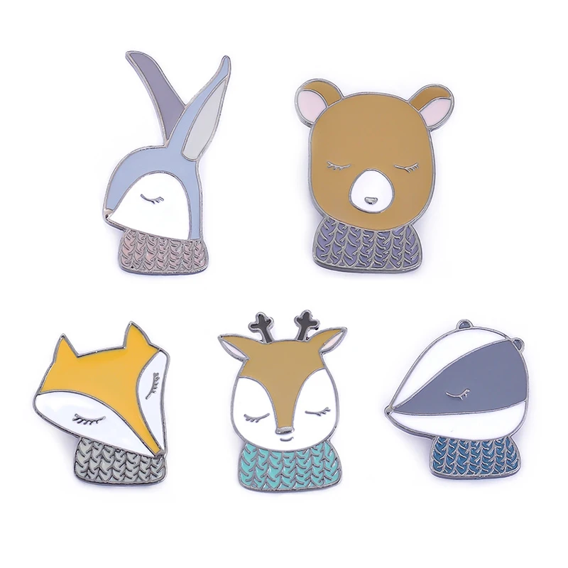 Милые броши с животными в карикатурном стиле для женщин - Креативные броши Лисица, Кролик, Медведь, Олень - Ювелирные изделия из эмали для пиджаков и воротничков - Значки-зажимы на пуговицах.