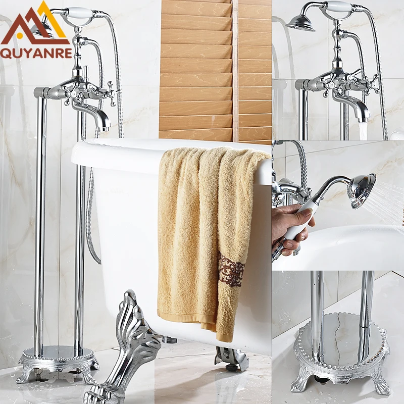 Хромированный напольный смеситель для ванной и душа с двумя ручками отверстиями