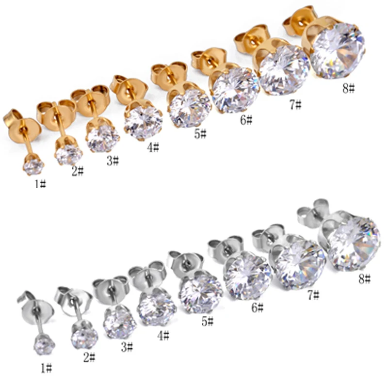 Hypoallergenic 316L stainless steel round pure Zircon stud earrings jewelry gold and Silver two-tone for men&ampwomen | Украшения и