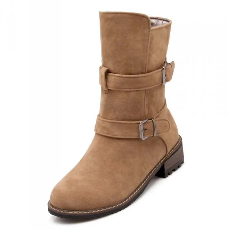 Ботинки Женщин Круглого Toe Пряжка Мотоцикл сапоги Для Стадо Мед Зимние Круглый