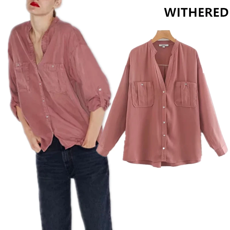 Увядшие высокие уличные большие карманы с закатанными рукавами blusas mujer de moda кимоно блузка женские топы и блузки плюс размер