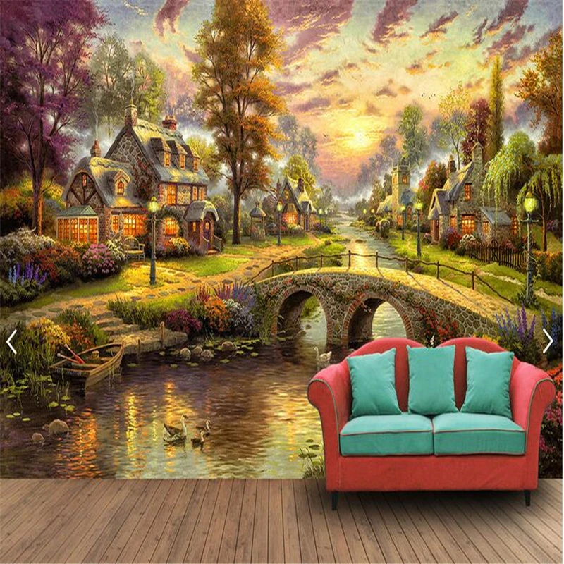 

beibehang 3d custom photo wallpaper wall murals stickers Hand painted Europe and the United States Rural forest hut night view