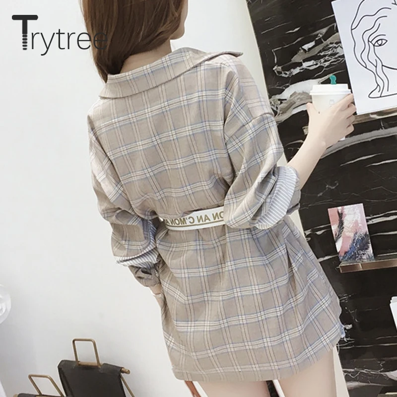 Ttytree Осенняя Асимметричная клетчатая блузка, Повседневная рубашка, Женская однобортная рубашка с отложным воротником и буквенным поясом, Топы, Длинные рубашки