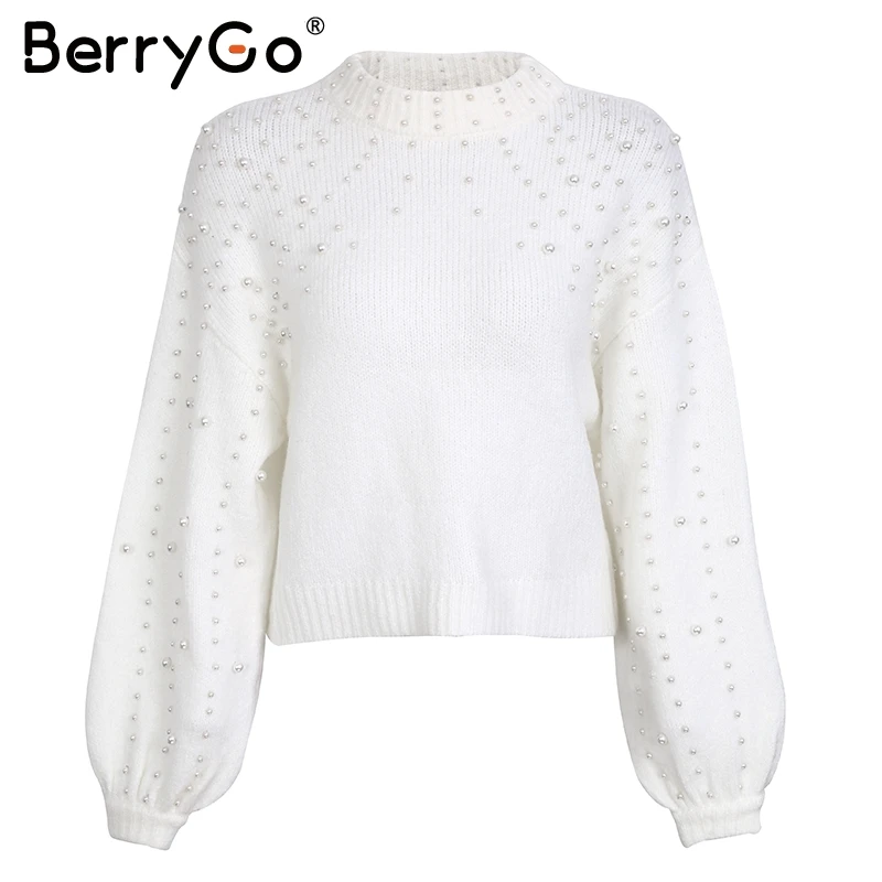 BerryGo Pearl turtleneck solid knitted christmas sweater Lantern sleeve gray women sweaters and pullovers Female autumn casual | Женская
