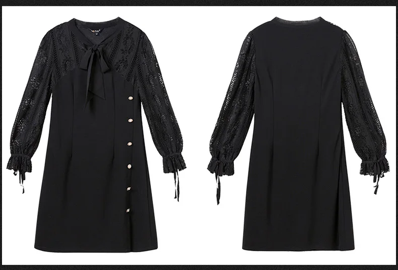 New2018Spring Ladies Plus size elegant dress lace sleeves one-piece dresses bow collar female casual vestidos tunic M-XXXXXL 5XL | Женская