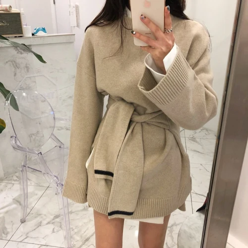 2019 Autumn Winter Kahaki Knitted Sweater Fake Sleeve Bandage Waist Korean Style Woman Jumpers | Женская одежда