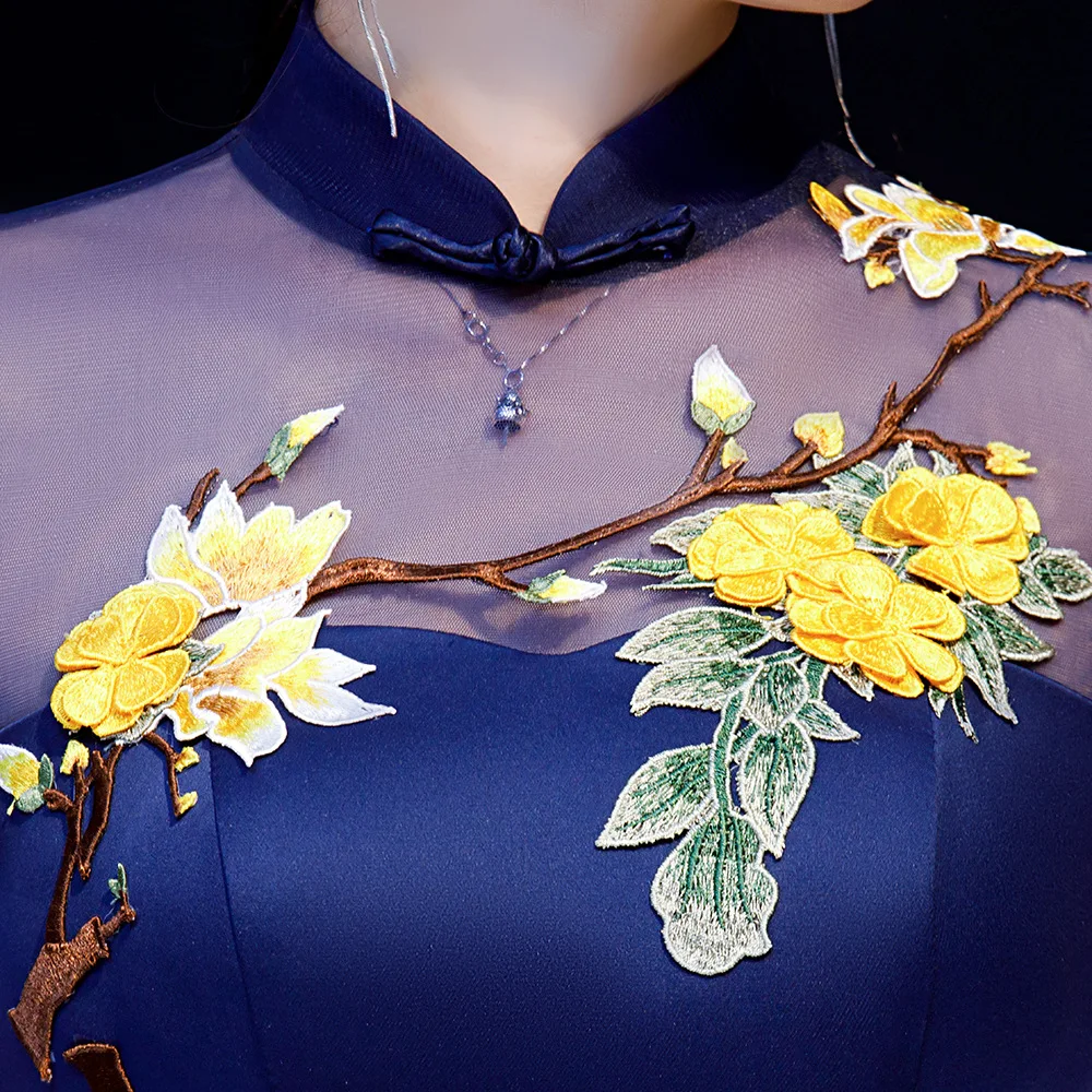 Русалка Стиль короткий рукав мода вышивка свадебное платье Qipao длинный с новогодней елкой, бумажный платье Vestidos Размер s-xxl