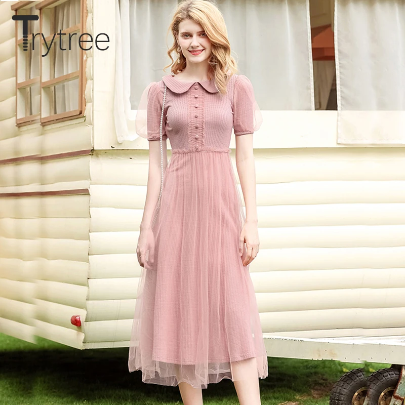 Женское Сетчатое платье рубашка Trytree повседневное офисное до середины икры с