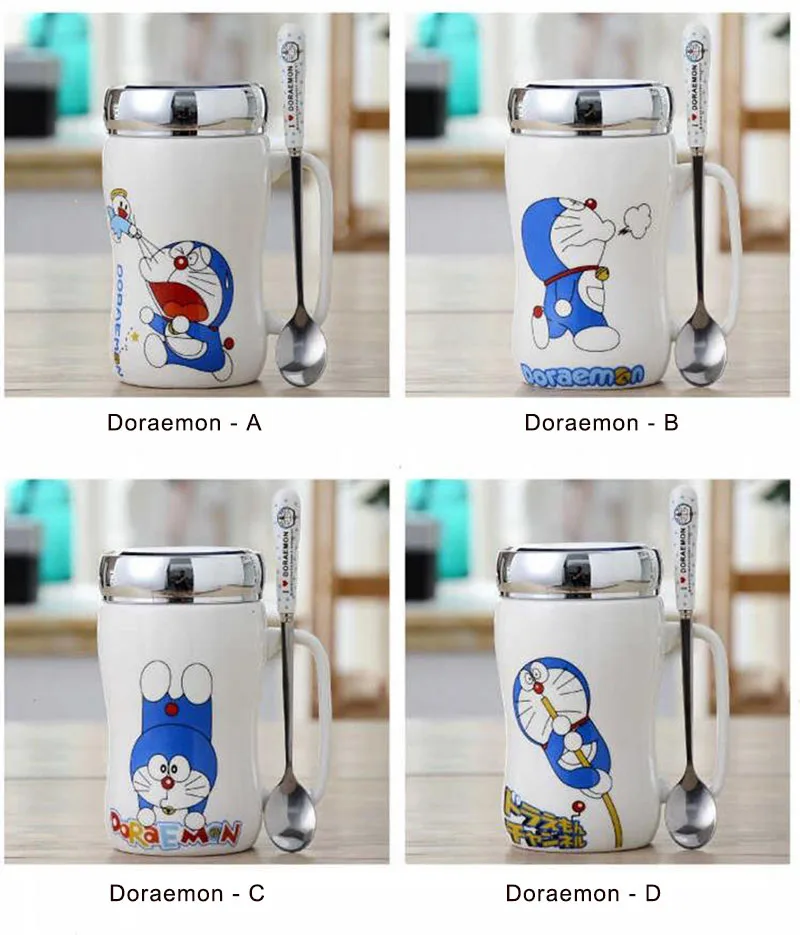 450ml Doraemon Ceramic Coffee Mugs with Mirror Lid and Spoon Cute Totoro Tea Cup Milk Mug for Women Girls Student Teen