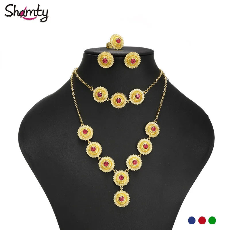 

Shamty Trendy Pure Gold Color Red Blue Green Stone African Gold Sets for Woman Ethiopian Bridal Jewelry Habesha Style A30052