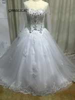 new white plus size wedding dresses 2019 long sleeve ball gown tulle lace appliques bridal gown with crystal vestido de noiva