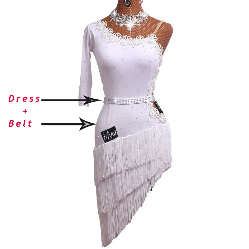 Dress And Belt Белое платье с бахромой для латинских танцев для женщин/женщин, белое кружевное платье с одним рукавом для сальсы, одежда для соревнований, платья для латинских танцев VDB165 - Цвет: Dress And Belt