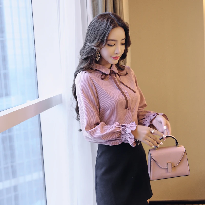 Рубашка женская с длинным рукавом и бантом в полоску|blouse style|blouse womenshirt women |