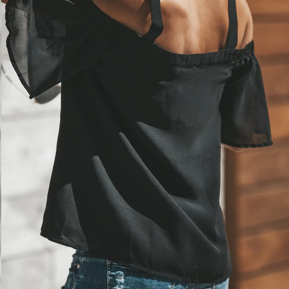 

Newly Women Tops Chiffon Off Shoulder V Neck Loose Cross Bandage Short Sleeve T-Shirts m99