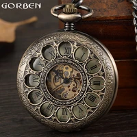 retro bronze steampunk men mechanical hand wind pocket watch hollow roman dial skeleton clock fob waist chain pocket watch gift