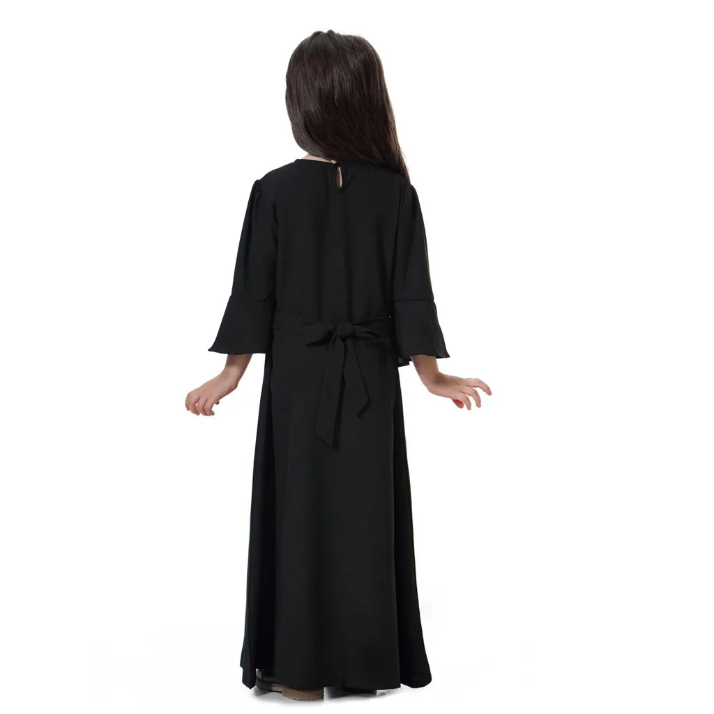 2019 Girls Dress Muslim Islamic Long Robe Burka Maxi Kaftan Princess Sleeve Solid Color Little Gir Dresses For Kids Clothes | Детская