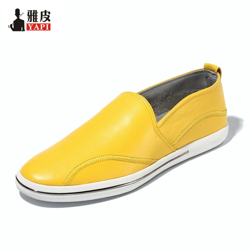 Must Have ! Spring Men's Yellow Loafers Casual Full Grain Leather SLIP-ON Boat Shoes Young Man