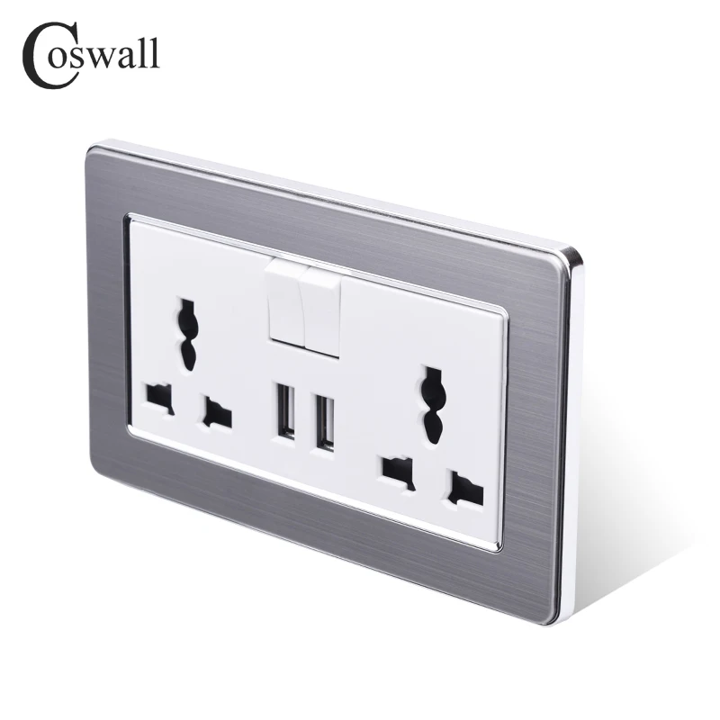 COSWALL 2 банды 13A универсальная Коммутируемая розетка двойной USB порт зарядки выход 2.1A настенная розетка из нержавеющей стали матовая панель