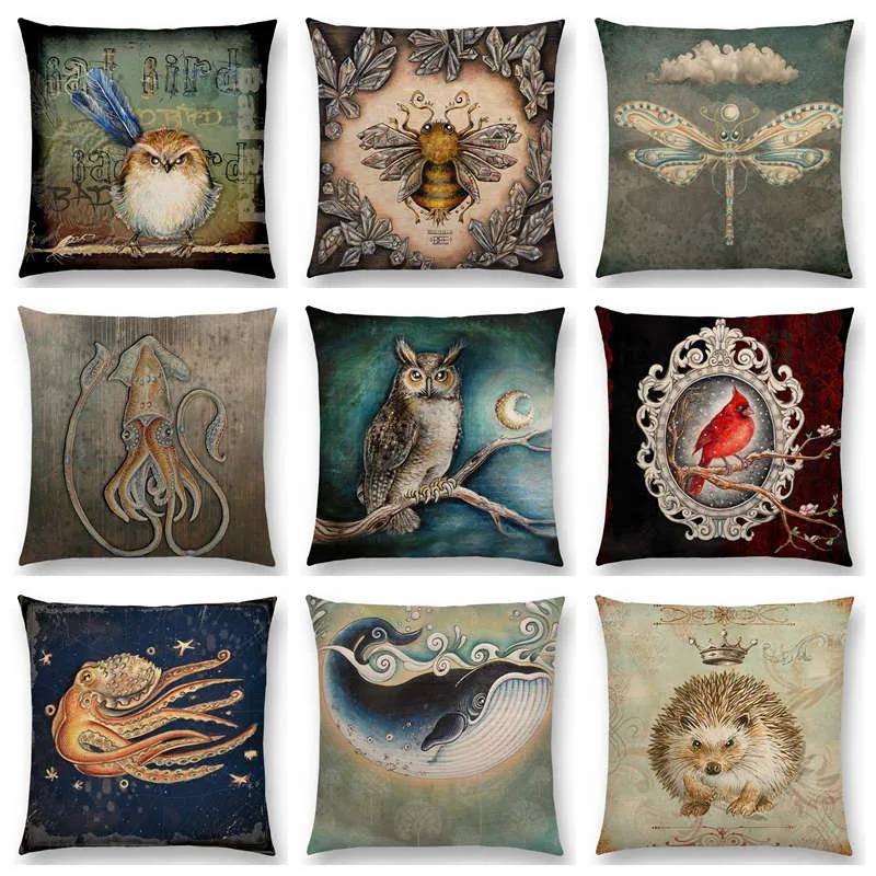 

Classic Retro Magical Animals Cool Bird Blue Whale Hedgehog Moonlight Owl Bat Bee Octopus Cushion Cover Sofa Throw Pillow Case