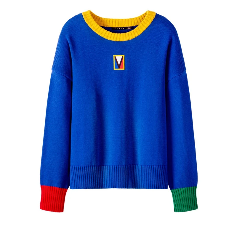 blue SEMIR женский контрастный тонкий вязаный свитер, хлопок, Женский пуловер, свитер с ребристой горловиной, манжетами и подолом на весну - Цвет: blue