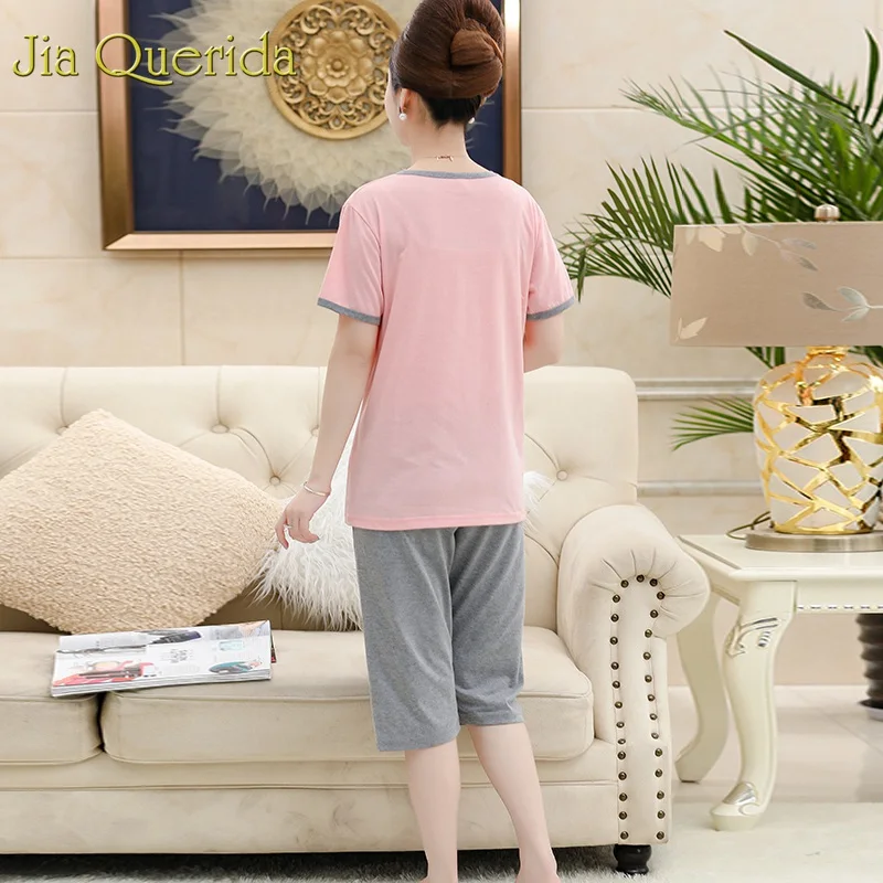 Pink Lingerie Women Short Pajama Set Summer 2019 2 Pcs Cropped Trousers Cotton Homeware Print Plus Size Sleepwear Mother's Gift | Женская