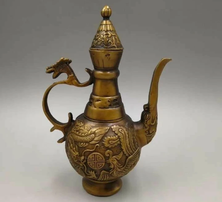 

8''brass copper carved auspicious beast animal dragon phoenix cup jar pot teapot