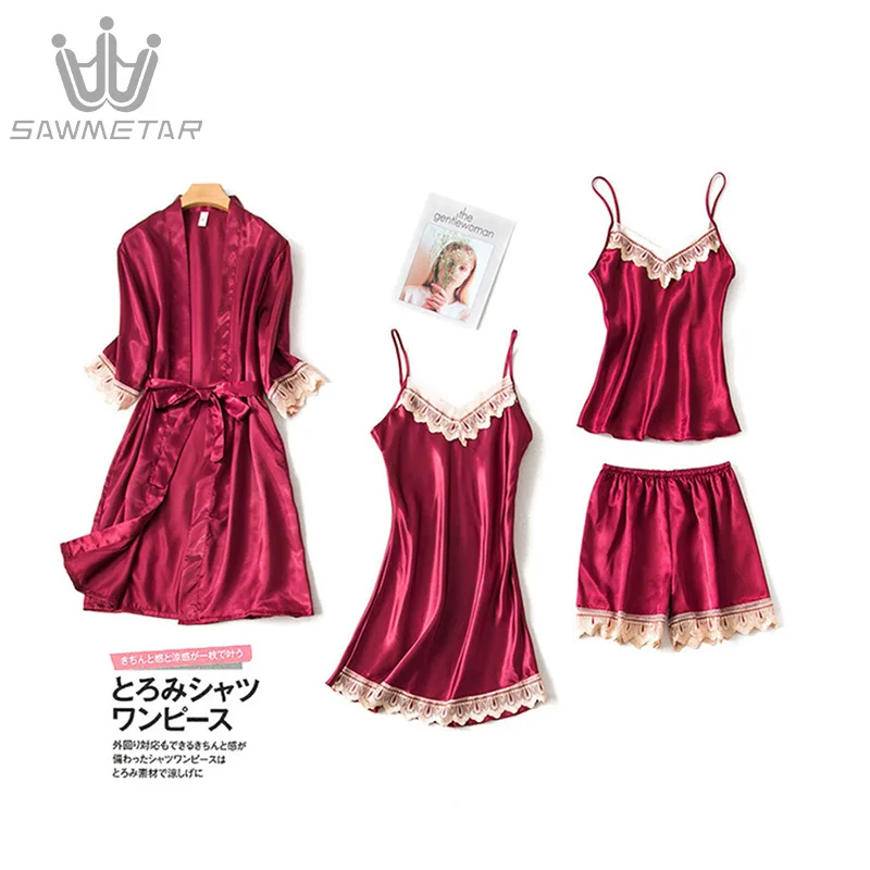 Summer Pajamas Women 4 Pieces Sets Sexy Sleepwear Satin Silk Nightwears Home Wear Home Clothing Embroidery Sleep Lounge