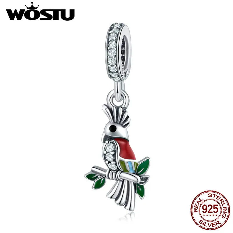 WOSTU, 925 пробы, серебряный Милый Попугай, животное, эмаль, бисер, подходит для оригинала, сделай сам, браслет, модное ювелирное изделие, подарок, FIC850
