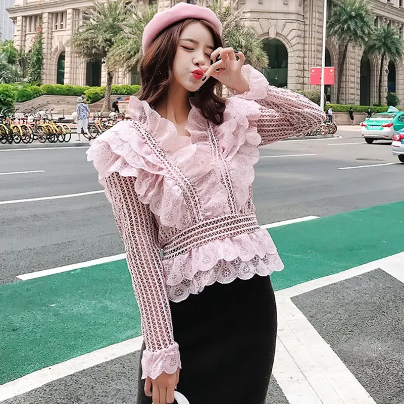 Женские блузки с рюшами Elegante однотонные кружевные топы расклешенными рукавами