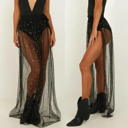 

Womens Sequins Sexy Spilt Swim Wear Bikini Cover Up Beach Long Wrap Skirt Sarong Pareo Maxi dress Cover Ups