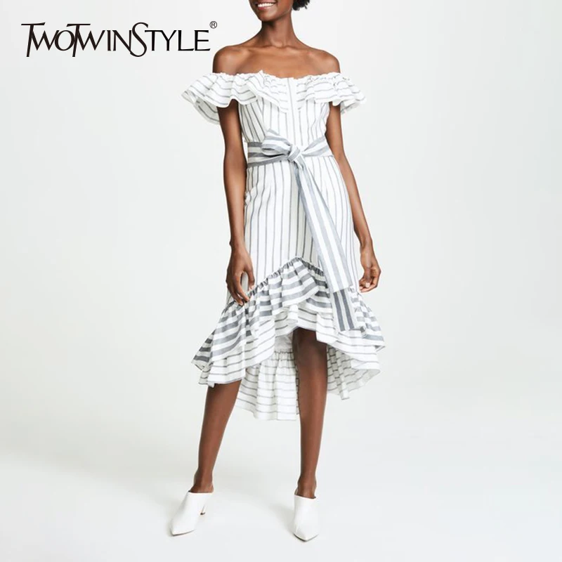 Платье в полоску TWOTWINSTYLE асимметричное длинное вечернее платье с вырезом